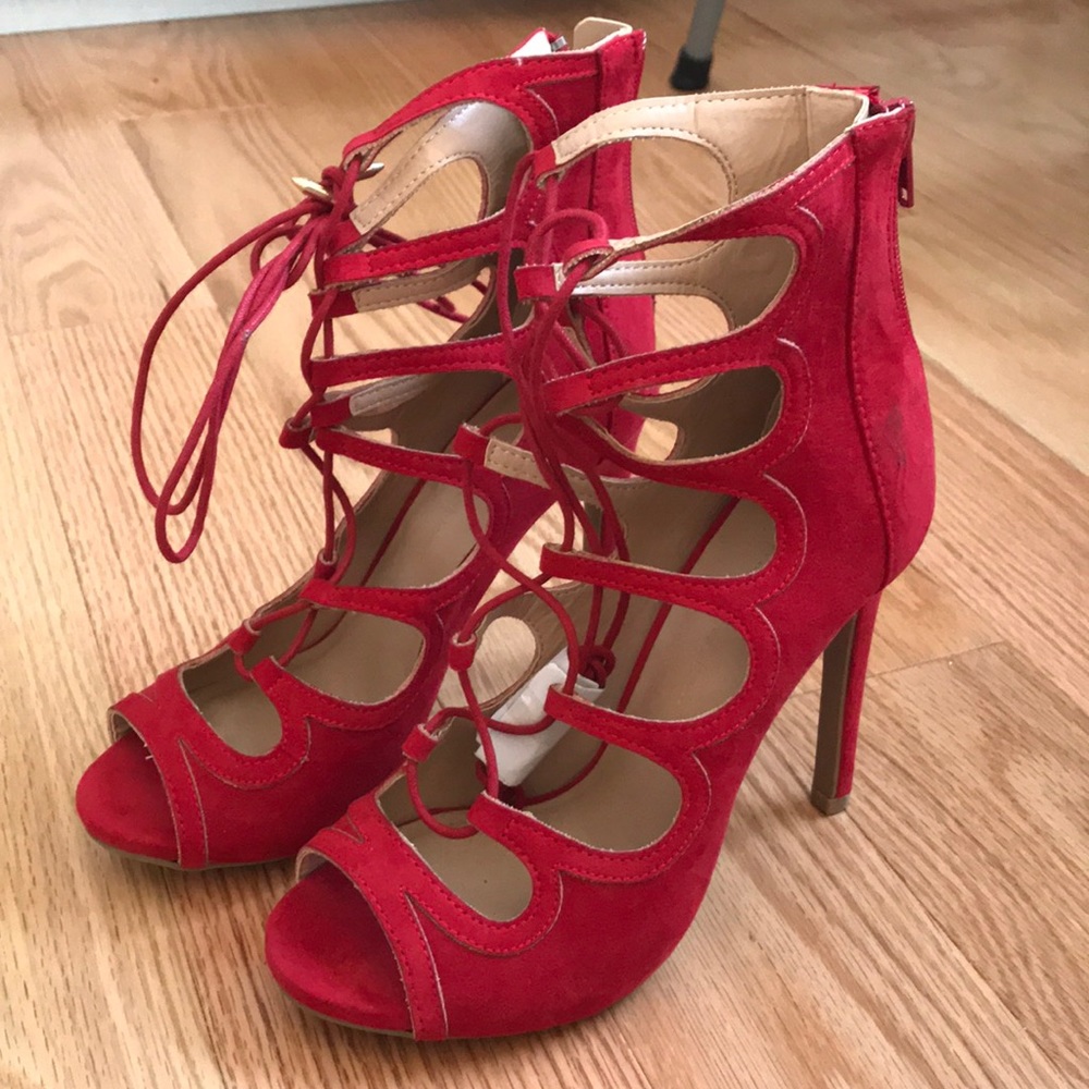 Red lace up heels